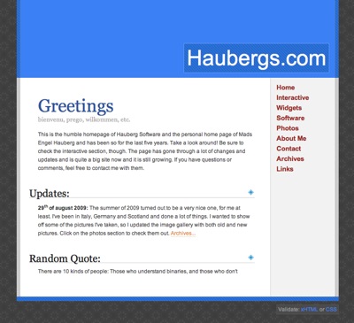 Screenshot of Haubergs.com from October 2009